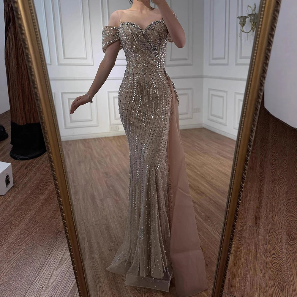 Nude Luxury Beaded Mermaid Evening Dresses With Overskirt Gown For Formal Occasion LA72911