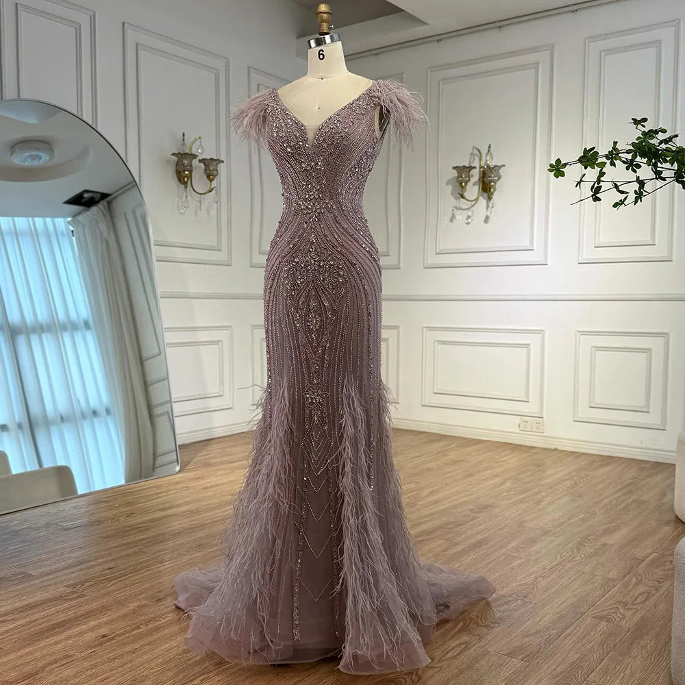 Luxury Pink Feathered Mermaid Evening Dress with Beaded Hem LA73098