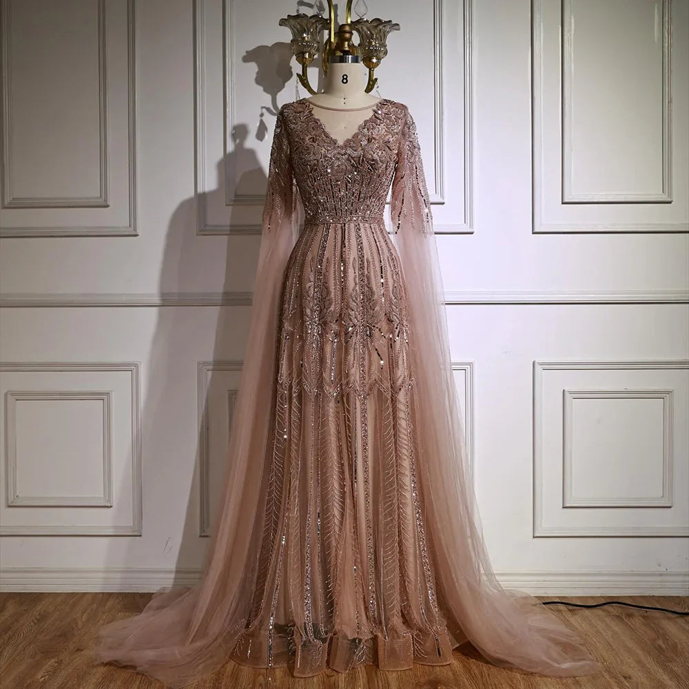 Rose Gold Beaded A-Line Evening Dress with Cape Sleeves LA73056