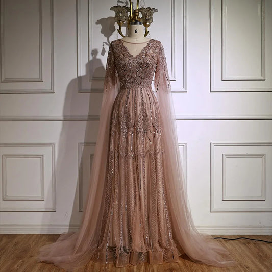 Rose Gold Beaded A-Line Evening Dress with Cape Sleeves LA73056