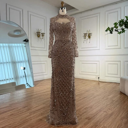 Caramel Beaded High Neck Mermaid Evening Dress Plus Size LA71747A