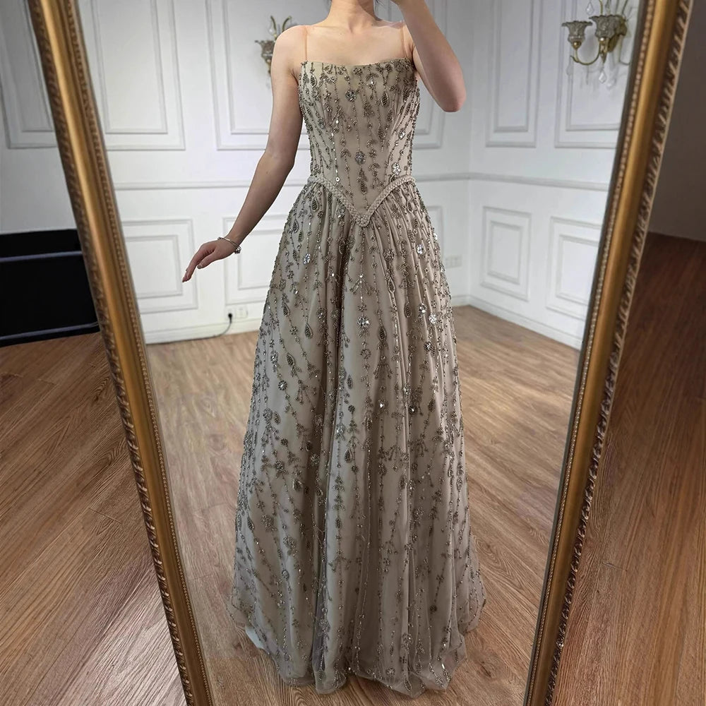 Luxury Sage Green Beaded A Line Spaghetti Strap Evening Dresses Gown LA72805
