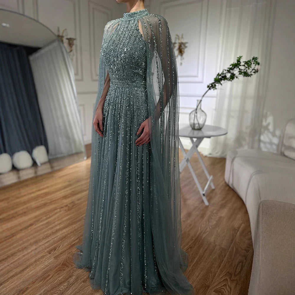 Luxury Caramel Beaded A-Line Evening Dress with Cape Sleeves LA72306B