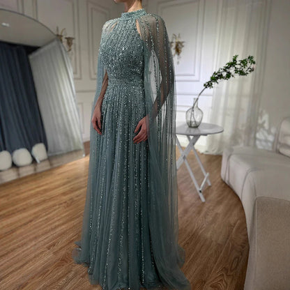 Luxury Caramel Beaded A-Line Evening Dress with Cape Sleeves LA72306B