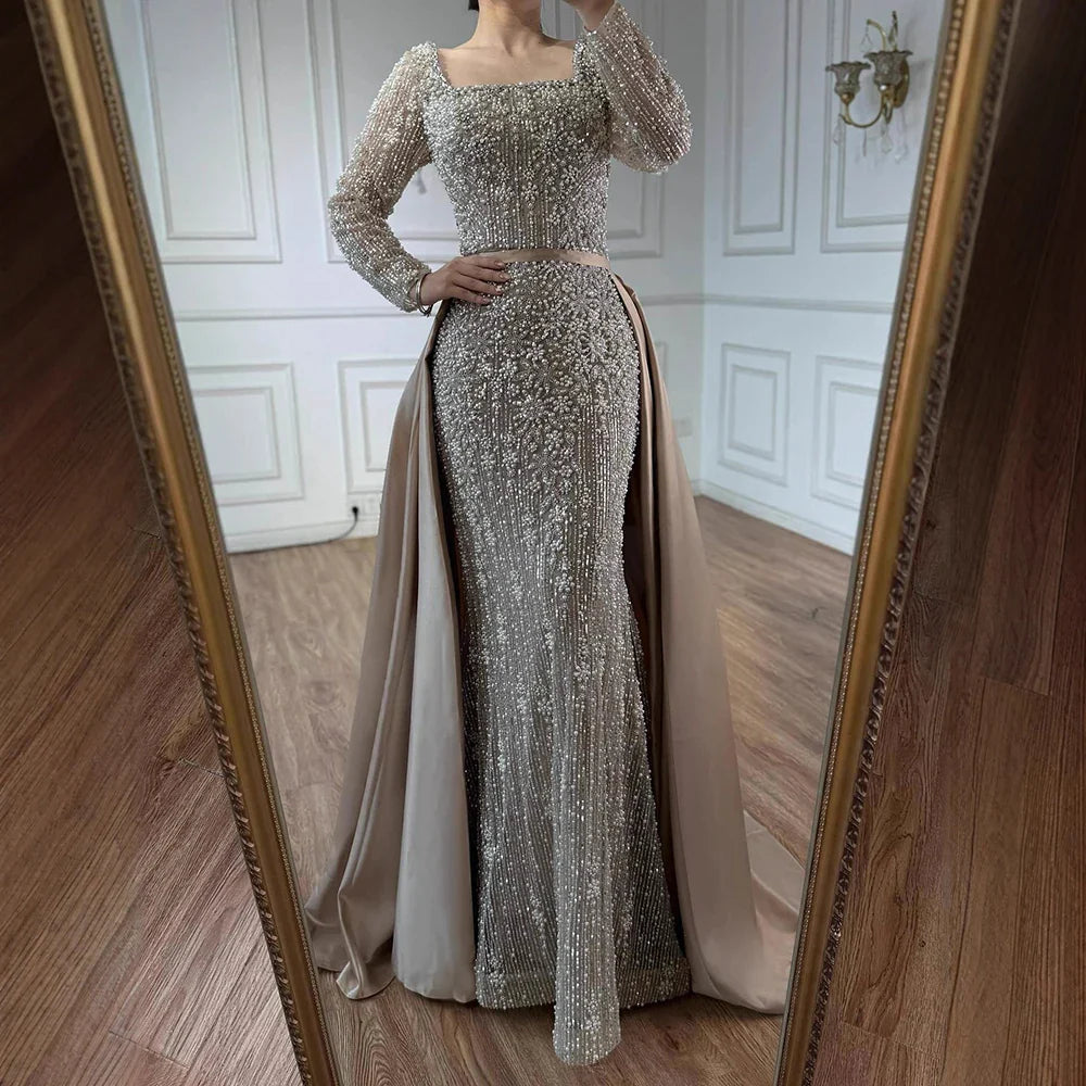Luxury Arabic Turquoise Mermaid Beaded Evening Gown with Overskirt LA72533A