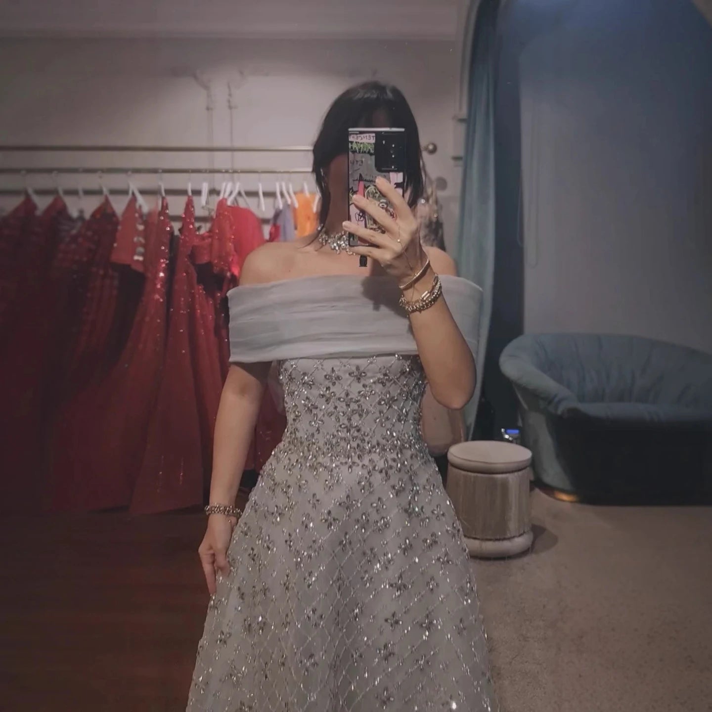 Luxury Silver Gray Turkish Crystal Beaded Evening Dress LA73062A