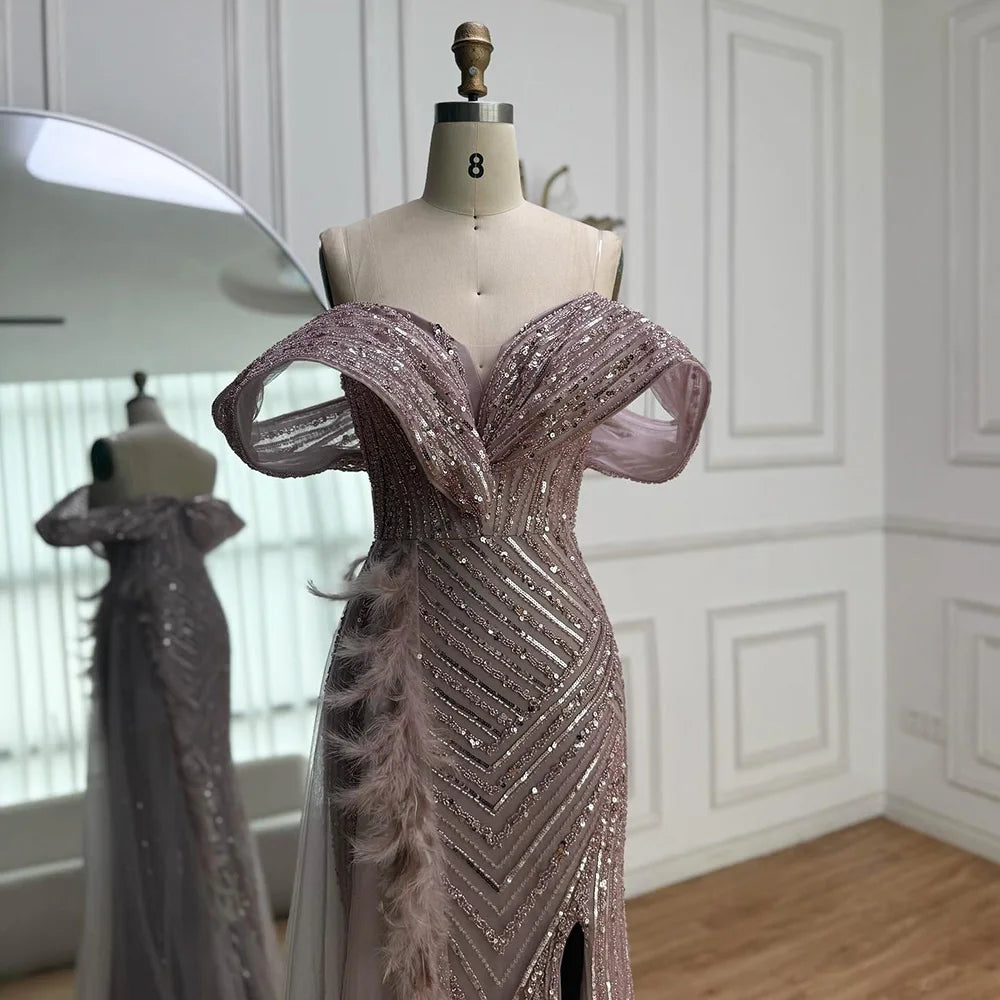 Luxury Pink Off Shoulder Beaded Feather Mermaid Evening Dress LA73111