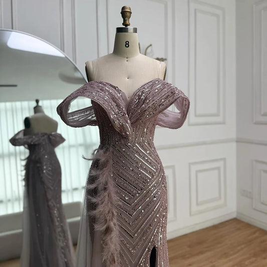 Luxury Pink Off Shoulder Beaded Feather Mermaid Evening Dress LA73111
