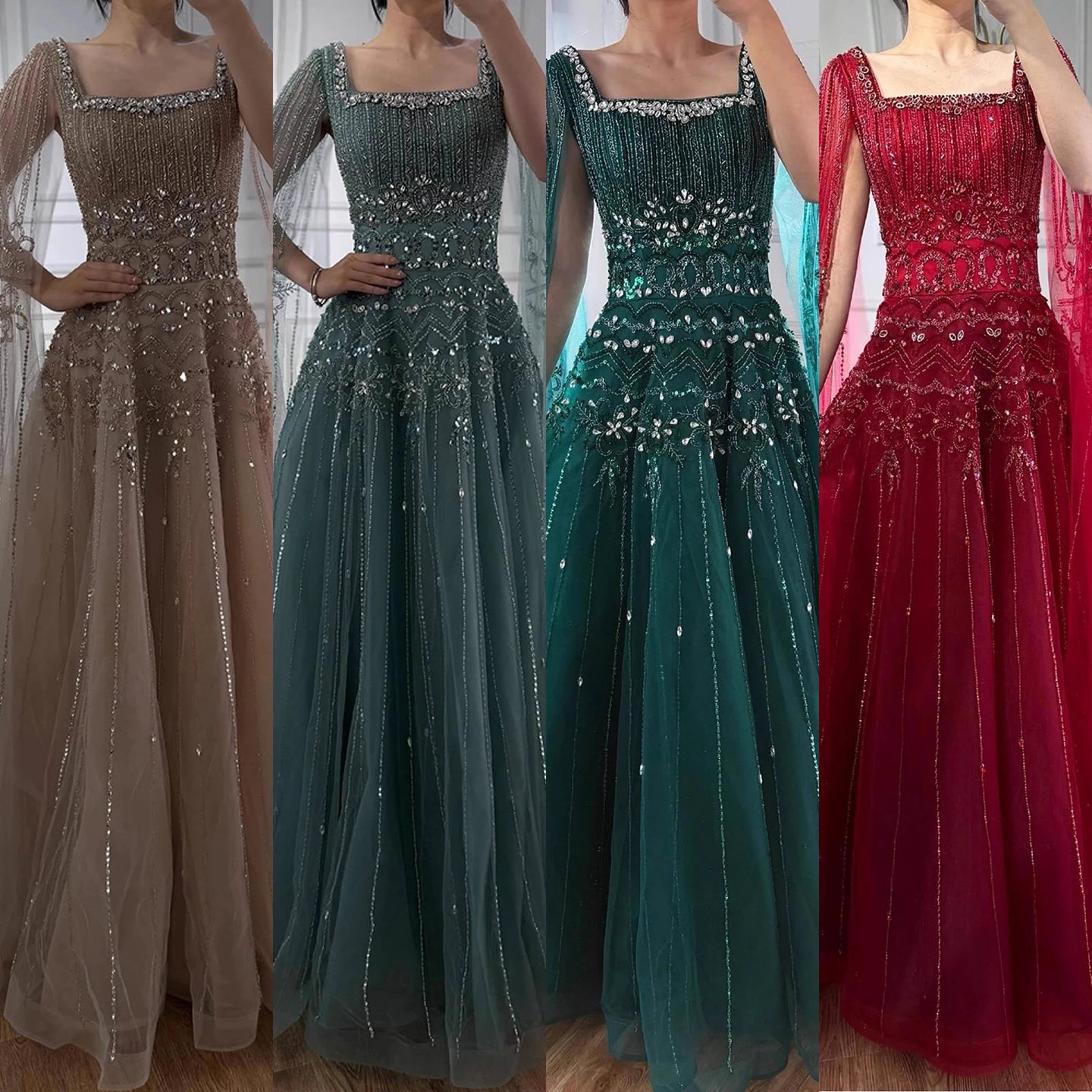 Luxury Caramel A-Line Beaded Evening Dress with Cape Sleeves LA73089A