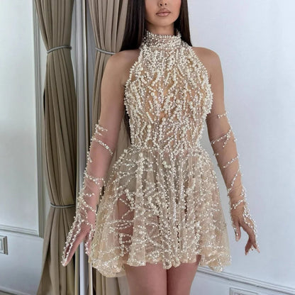 Arabic Nude Pearl Beaded High Neck Short Party Dress with Gloves LA72345D