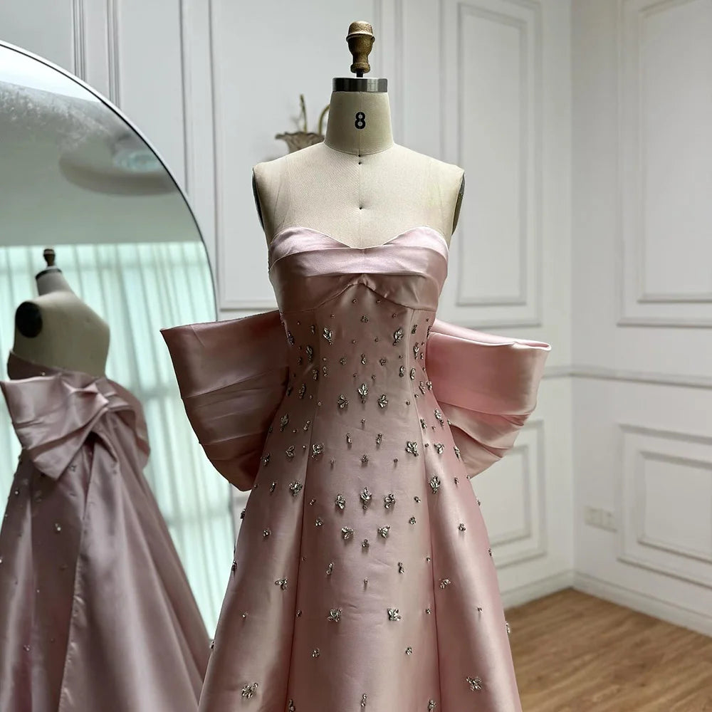 Pink Satin Strapless Mermaid Evening Dress with Big Bow LA72414B