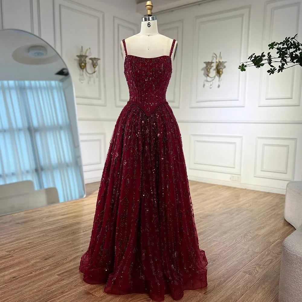 Luxury Sage Green Beaded A Line Spaghetti Strap Evening Dresses Gown LA72805