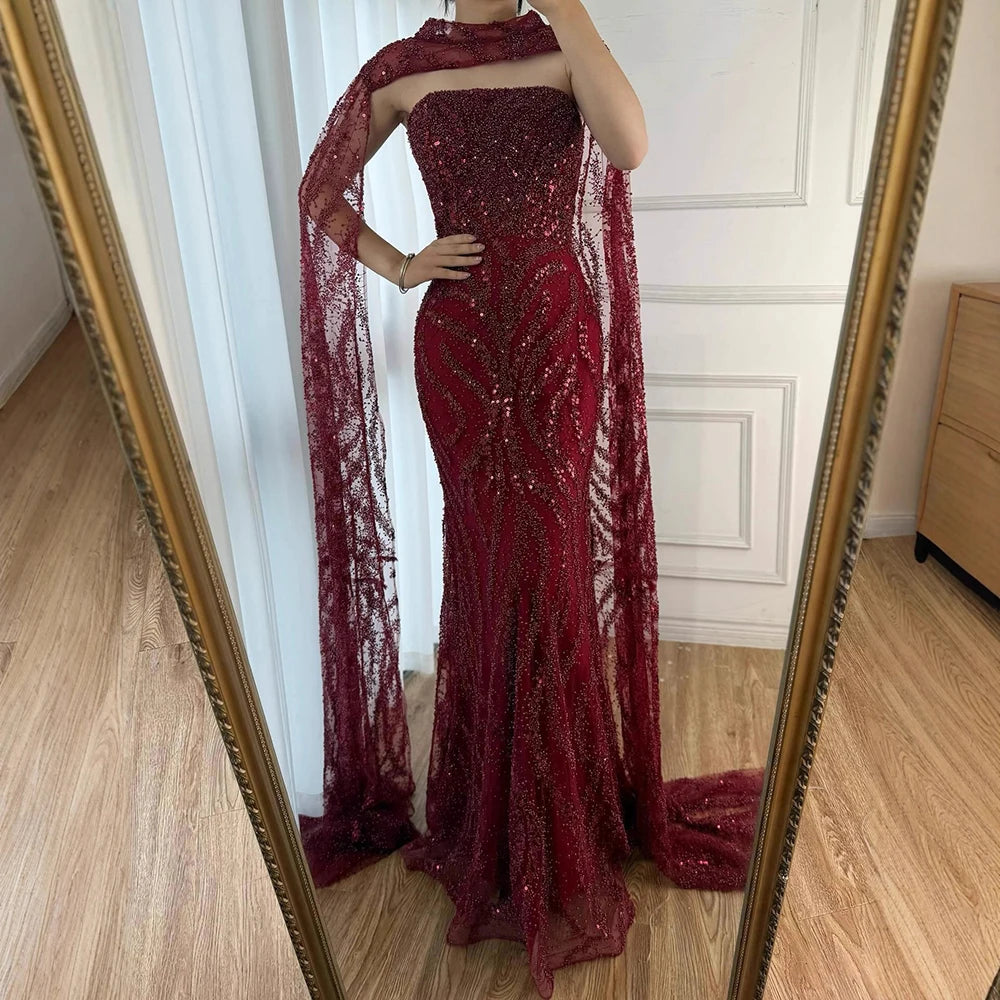 Luxury Nude Mermaid Evening Dress with Cape Sleeves LA72824