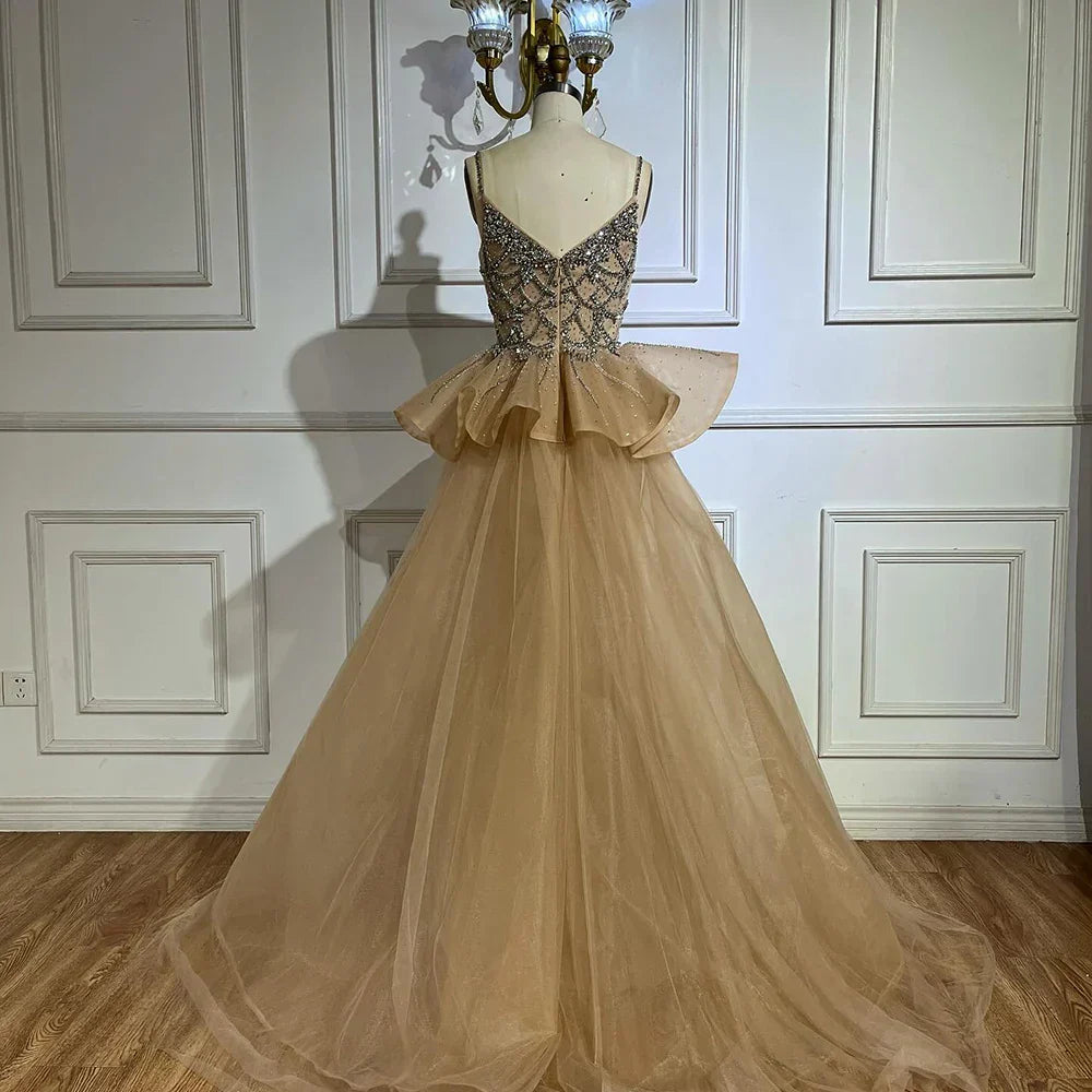 Luxury Dubai Nude Saudi Beaded Spaghetti Strap Evening Dress with Overskirt LA72810