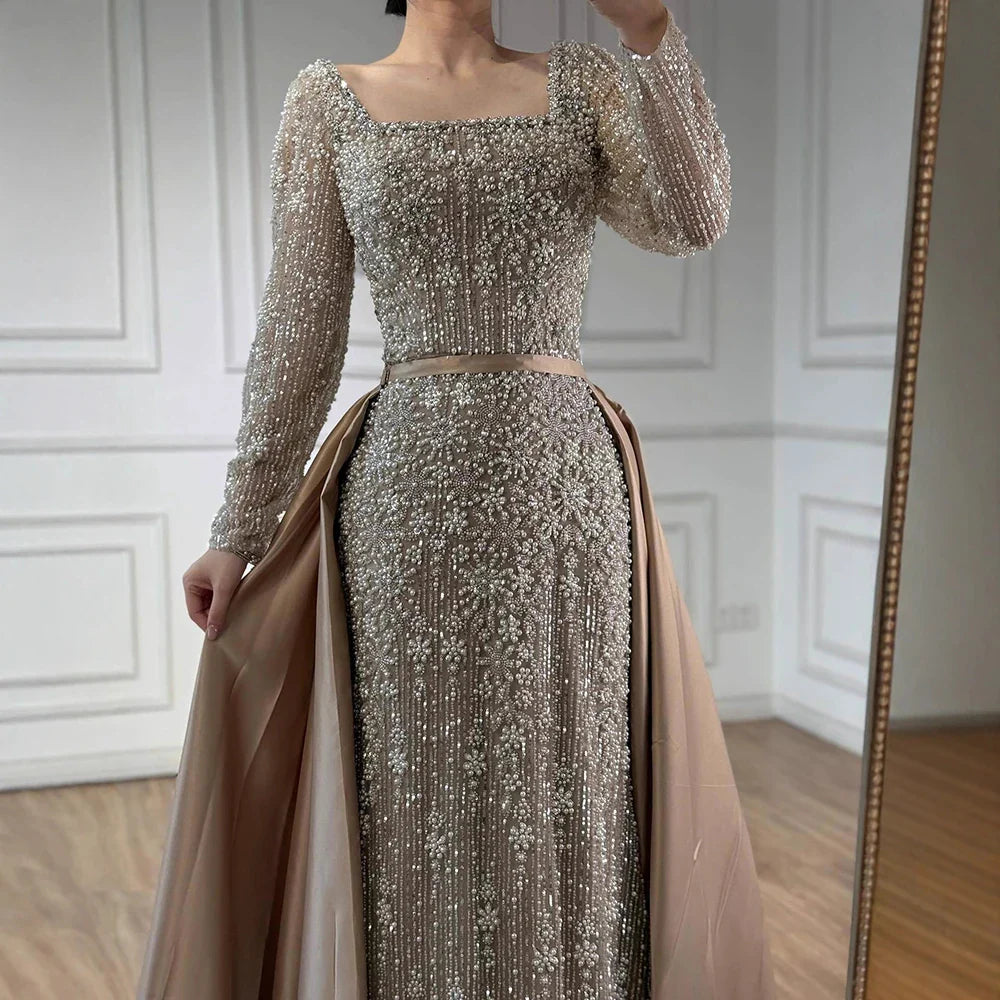 Luxury Arabic Turquoise Mermaid Beaded Evening Gown with Overskirt LA72533A