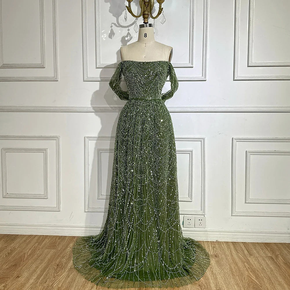 Luxury Nude Off Shoulder A-Line Evening Gown with Pearl Beading LA72738A