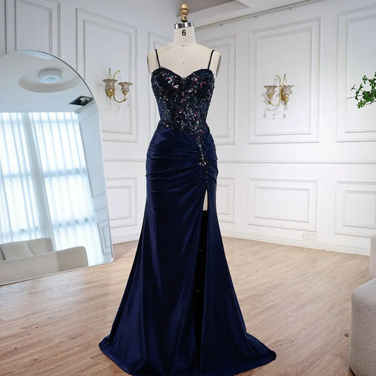 Luxury Navy Satin Prom Dress with Lace Beaded and Slit LA73003