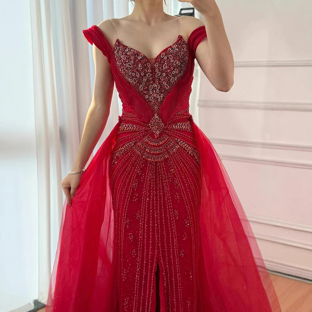 שמלת ערב יוקרתית בתולת ים עם חרוזים בגוון עירום, חצאית עליונה ושסע LA73034 