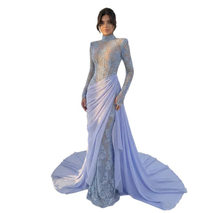 Luxury Lilac High Neck Long Sleeves Beaded Mermaid Evening Dress LA73407
