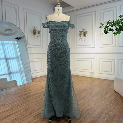 Arabic Caramel Off Shoulder Beaded Mermaid Evening Dress with Pearls LA72253C