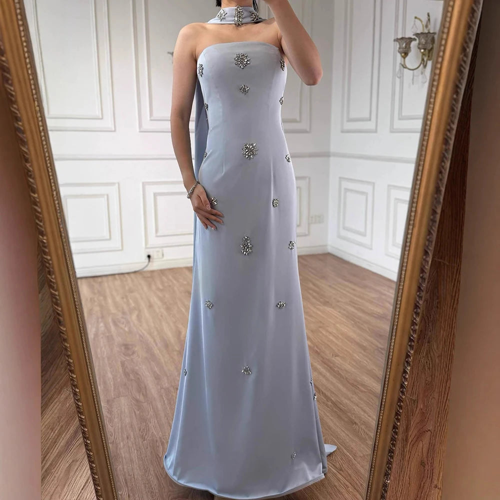 Luxury Blue Arabic Mermaid Crystal Evening Dress with Cape LA73100