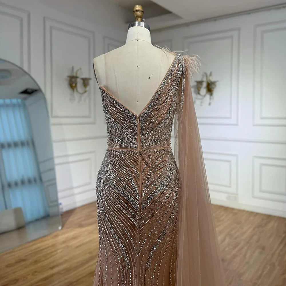 Luxury Caramel One Shoulder Beaded Mermaid Evening Dress LA72895