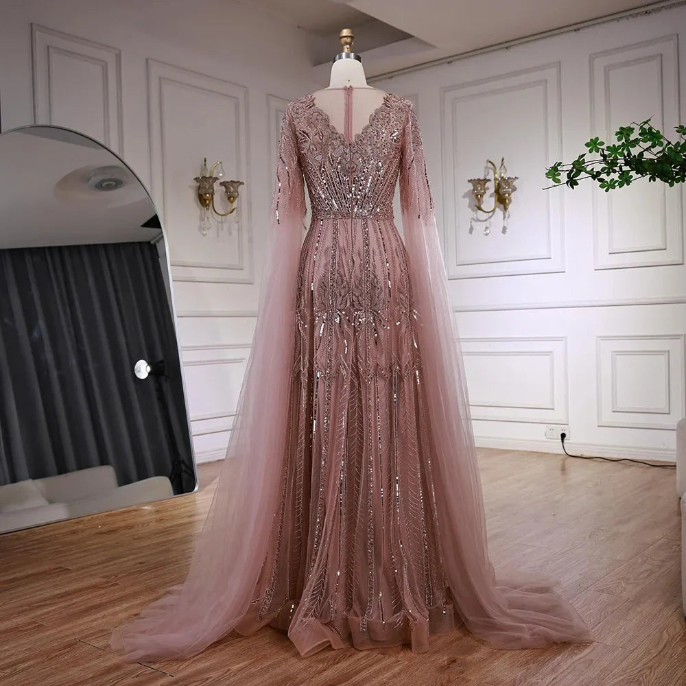 Rose Gold Beaded A-Line Evening Dress with Cape Sleeves LA73056