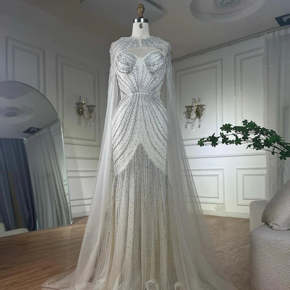 Luxury Blue Beaded Evening Gown with Detachable Cape LA72784