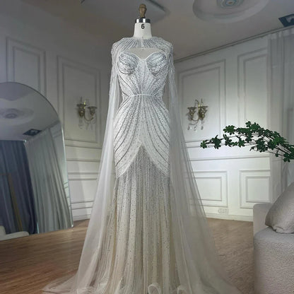Luxury Blue Beaded Evening Gown with Detachable Cape LA72784