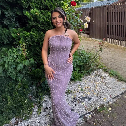 Elegant Crystal Beaded   Lilac Mermaid Evening Gown LA72950
