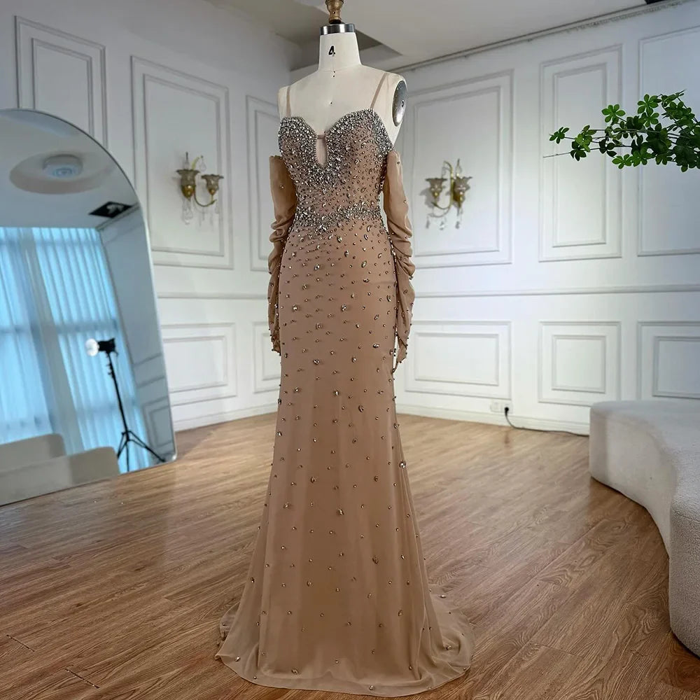 Luxury Nude Beaded Mermaid Dress with Detachable Sleeves LA73065