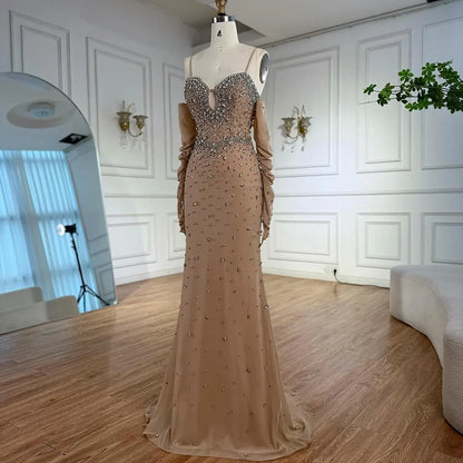 Luxury Nude Beaded Mermaid Dress with Detachable Sleeves LA73065