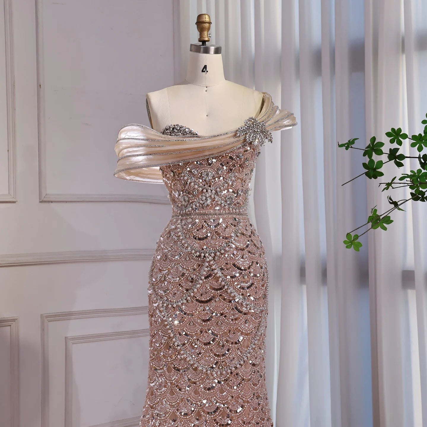 Luxury Nude Beaded Off Shoulder Mermaid Evening Dress LA73365A