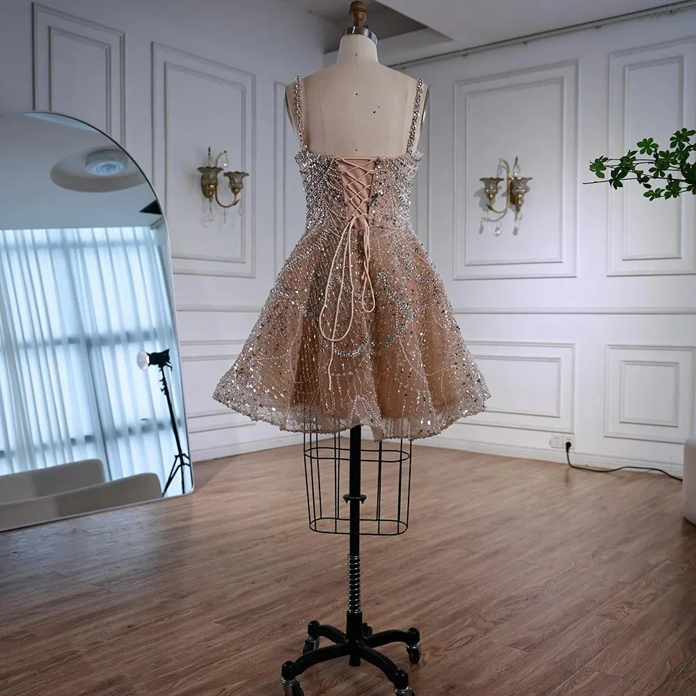Luxury Nude Crystal A-Line Short Sparkly Cocktail Party Dress LA72983