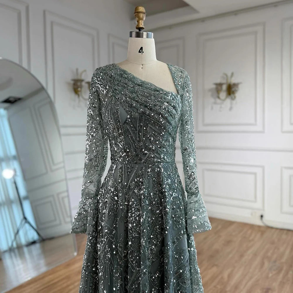 Luxury Turquoise Beaded A-Line Evening Dress with Puffy Sleeves LA73177