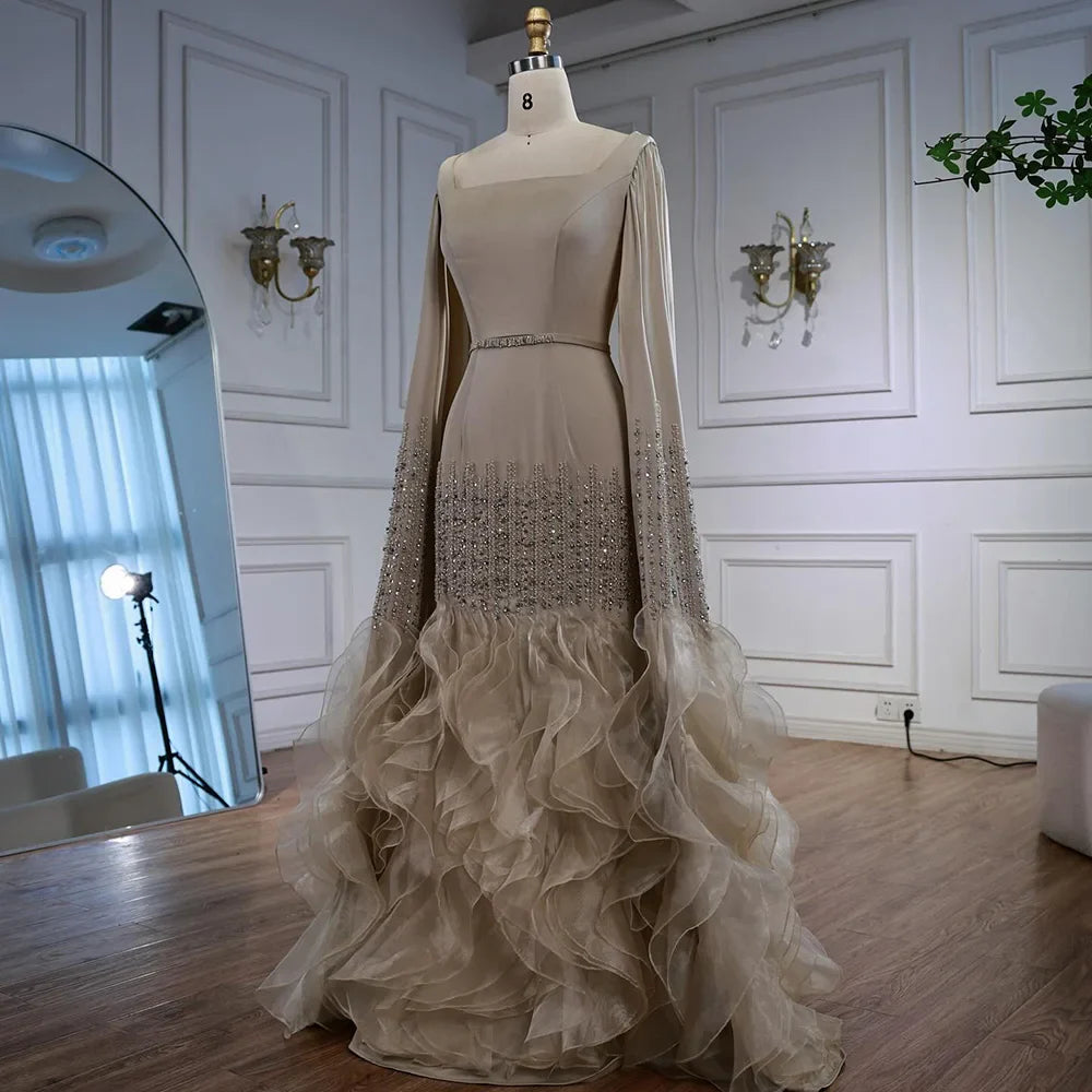 Elegant Nude Beaded Mermaid Evening Dress with Cape Sleeves LA72317C