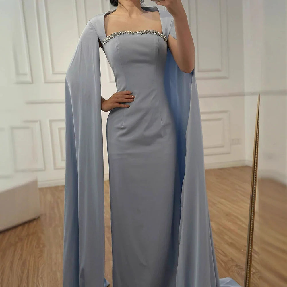 Elegant Blue Mermaid Evening Dress with Cape Sleeves LA72200
