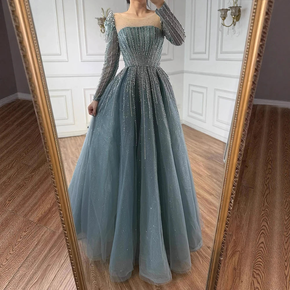 Luxury Arabic Turquoise A-Line Beaded Evening Dress LA72991A