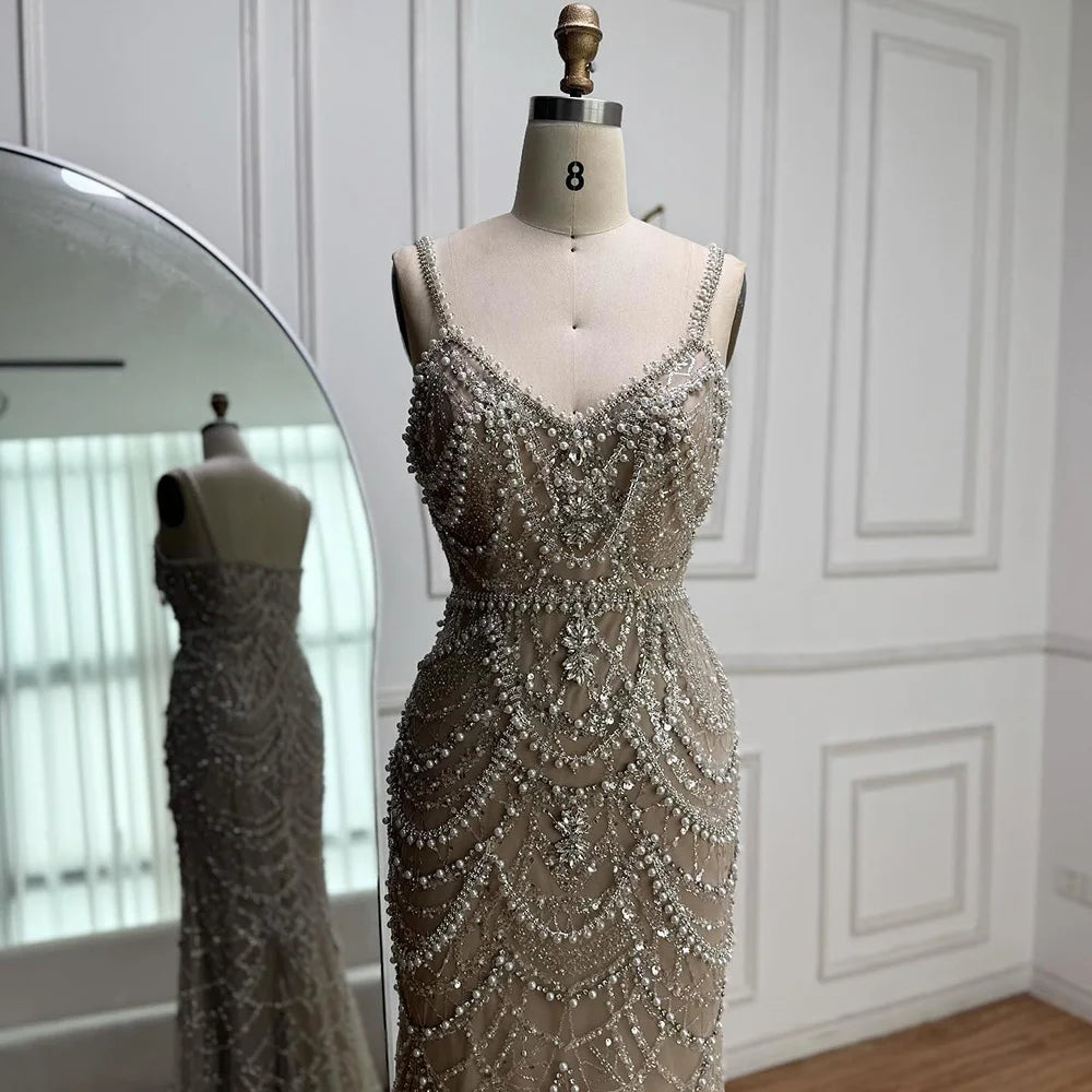 Nude Beaded Mermaid Evening Dress with Pearls LA72986A