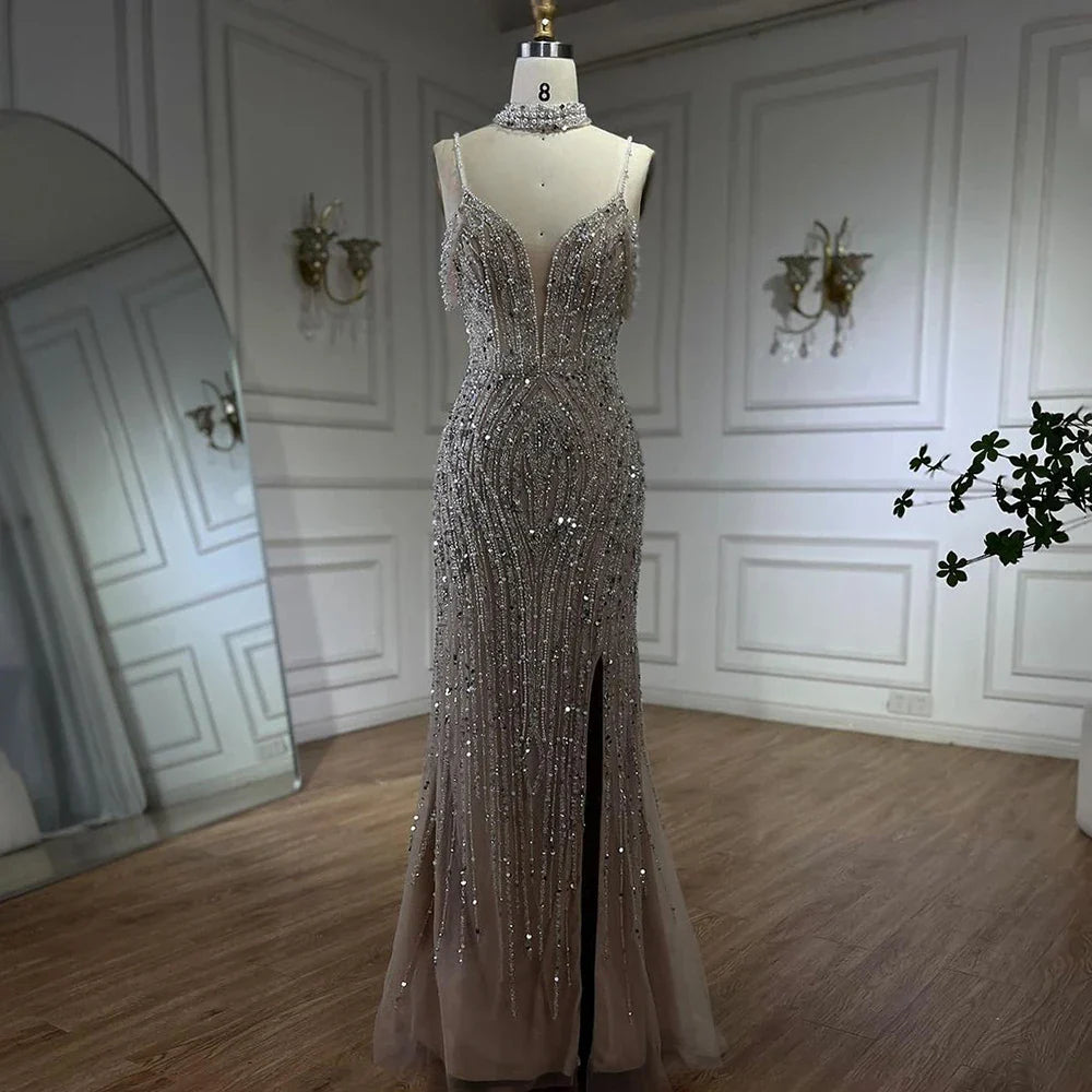 Luxury Silver Nude Beaded Evening Dress with Spaghetti Straps and High Slit LA72047C