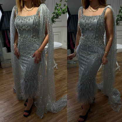 Bling Gray Mermaid Feather Arabic Midi  Evening Dress with Cape LA72334
