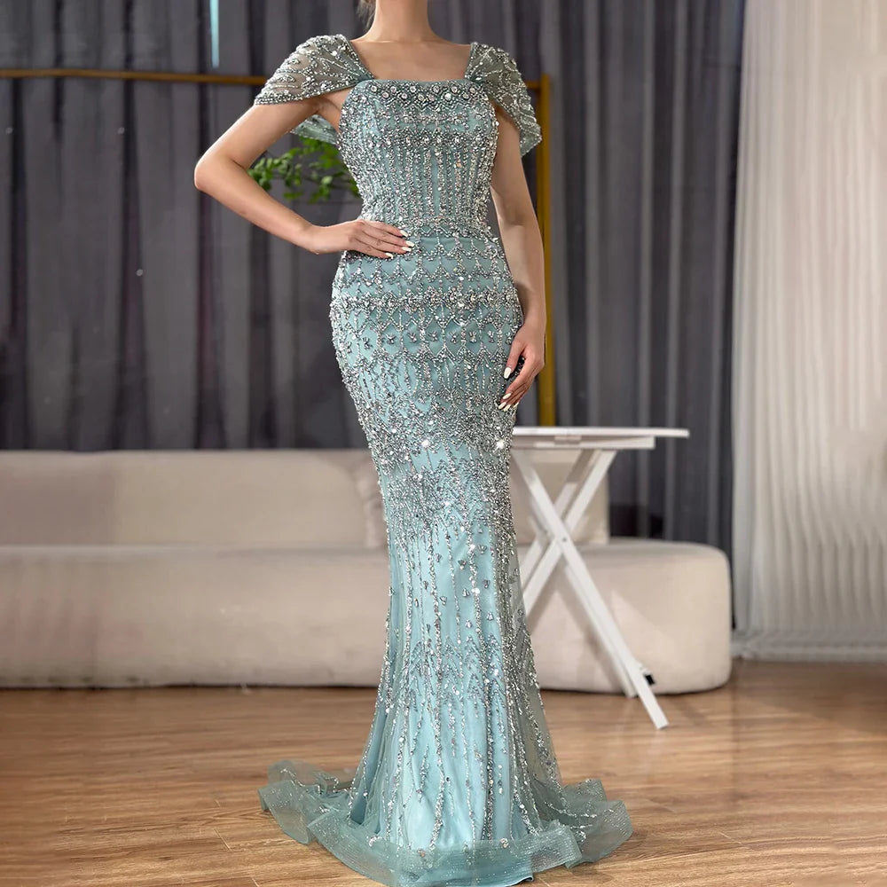 Luxury White Mermaid Square Neck Short Sleeves Evening Dresses LA72714