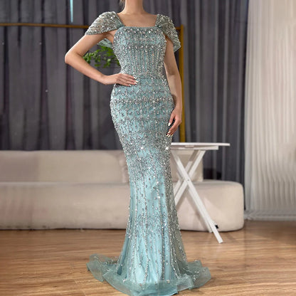 Luxury White Mermaid Square Neck Short Sleeves Evening Dresses LA72714
