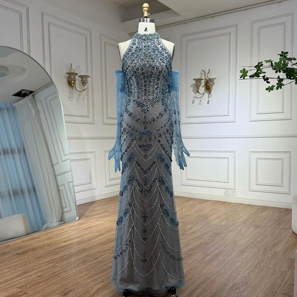 Luxury Dubai Arabic Blue Beaded Evening Dress with Gloves LA72760A