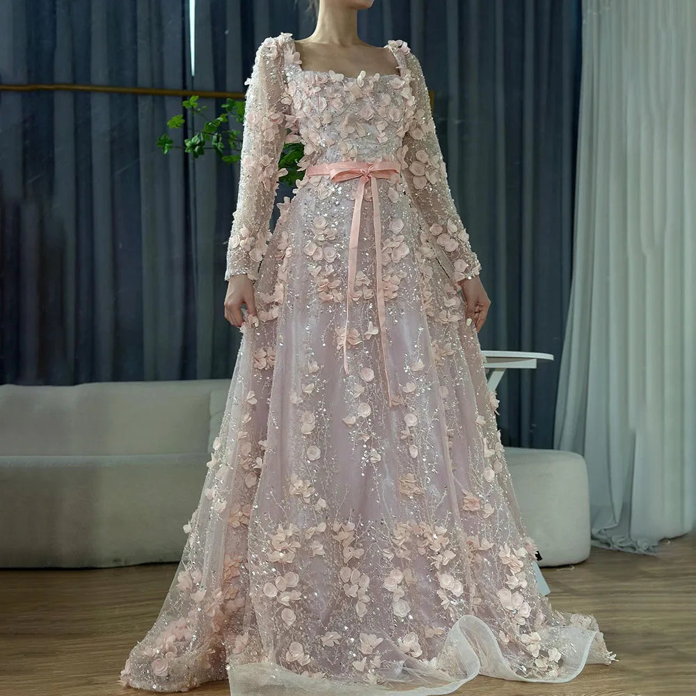 Luxury Arabic Gray A Line Elegant  3D Flower Evening Dress Long Sleeve LA72657