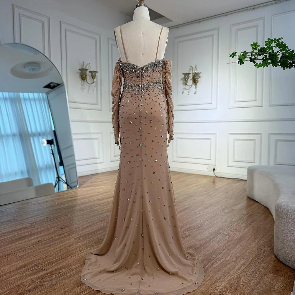 Luxury Nude Beaded Mermaid Dress with Detachable Sleeves LA73065