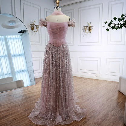 Luxury  Arabic  Pink Pearls  Evening Dress  With Cape LA72922