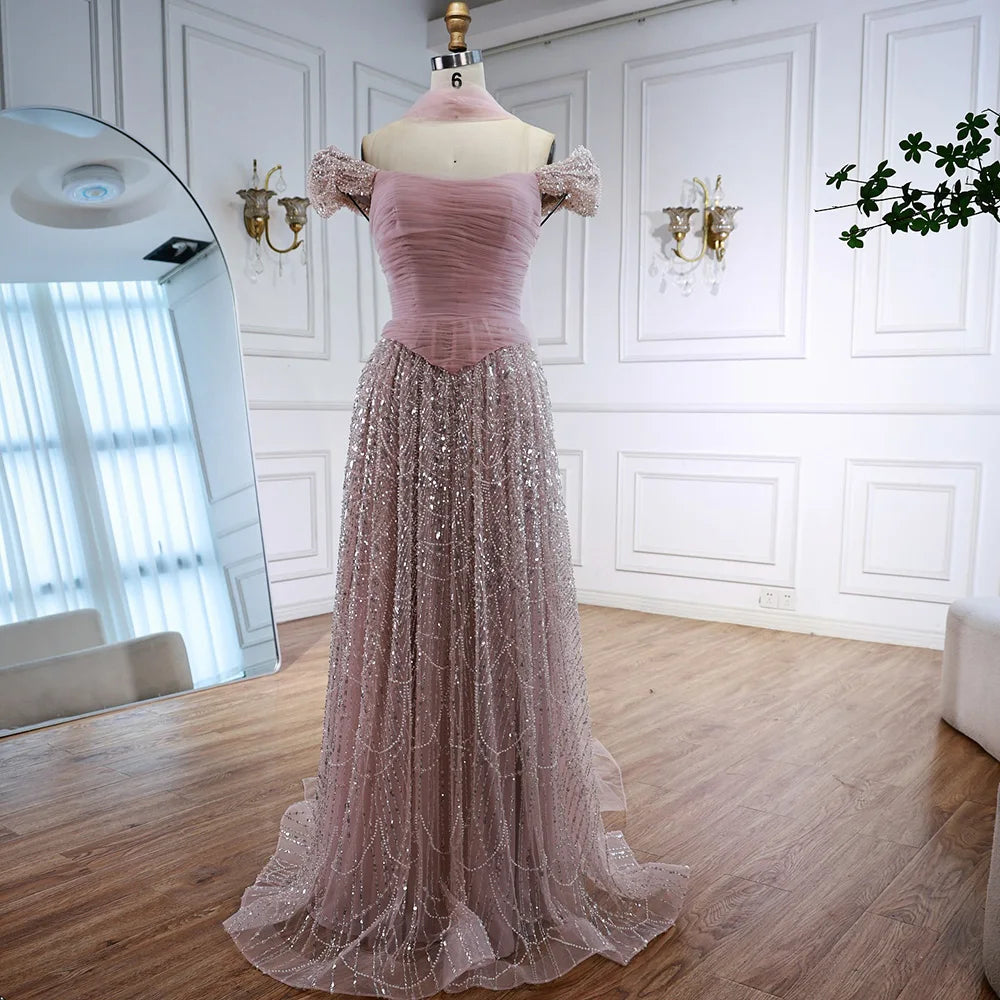 Luxury  Arabic  Pink Pearls  Evening Dress  With Cape LA72922