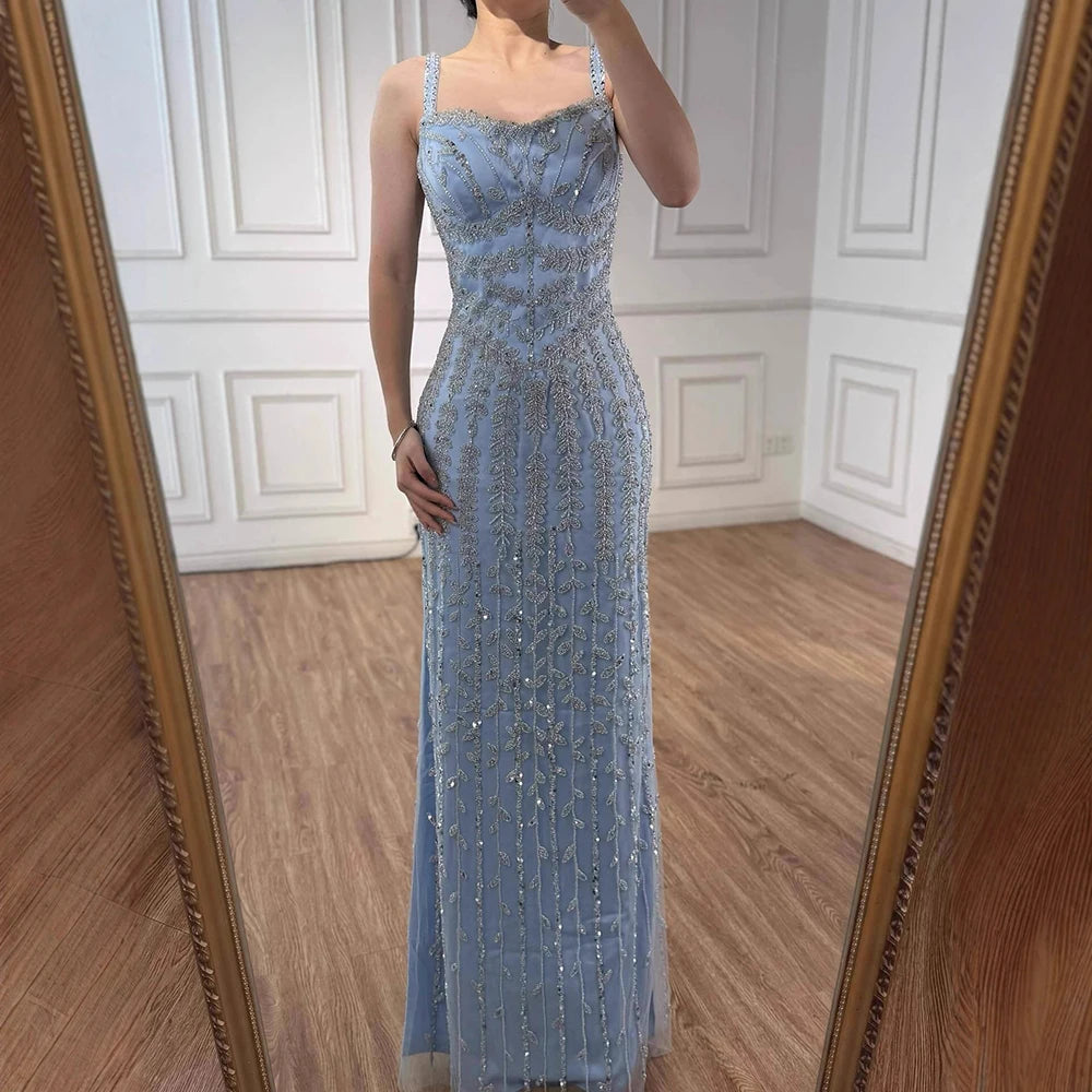 Luxury Arabic Blue Spaghetti Strap Mermaid Evening Dress Beaded LA72725