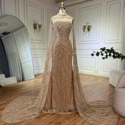 Luxury Nude Mermaid Evening Dress with Cape Sleeves LA72824